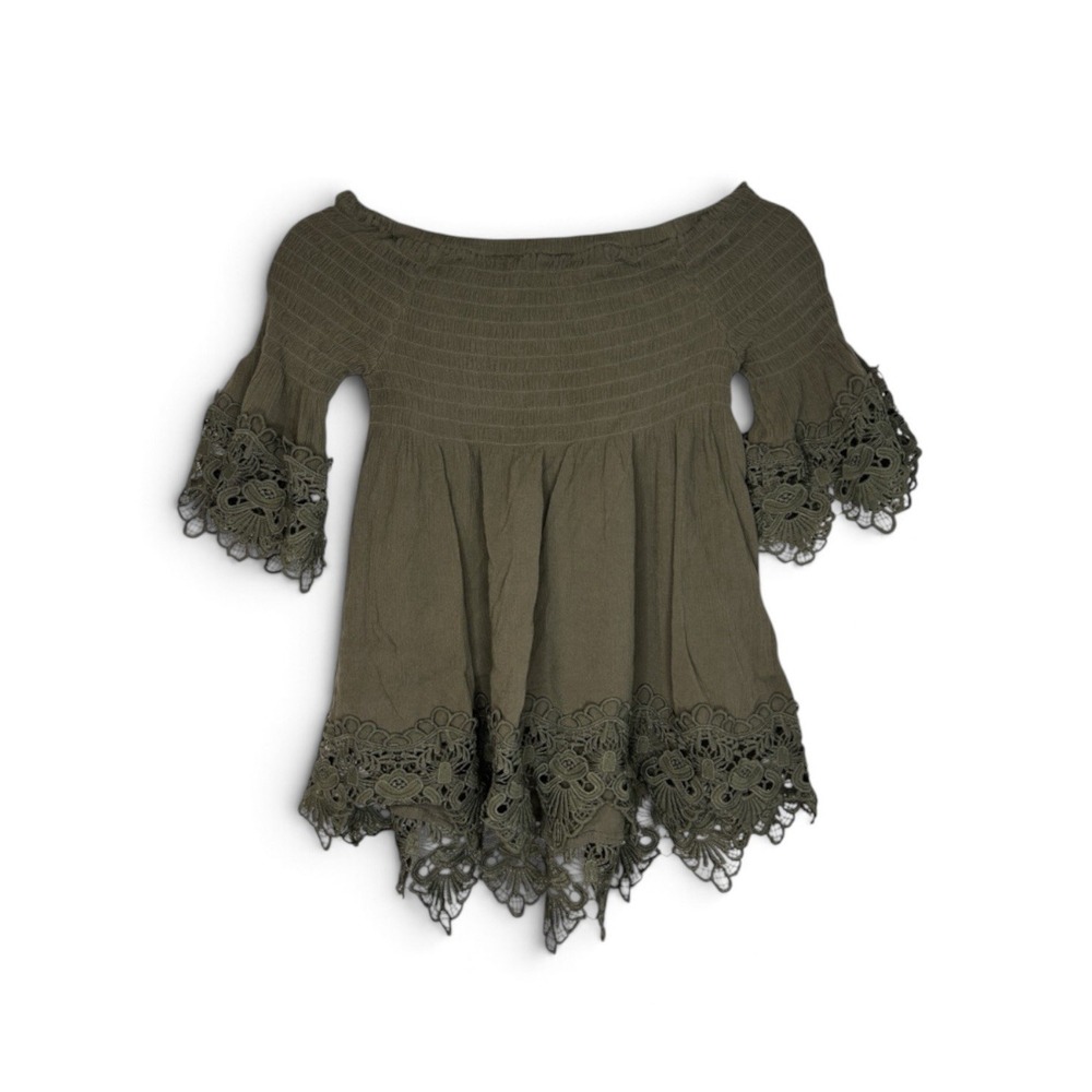 rue21 Women's M Olive Green Off Shoulder Smocked Crochet Lace Boho Tunic Top